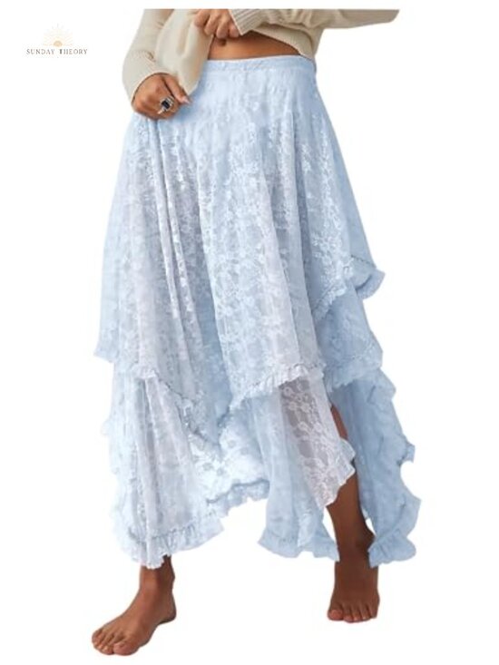 Dresses & Skirts - Lace Maxi Skirt Asymmetrical Flowy Boho Elastic Waist Ruffle